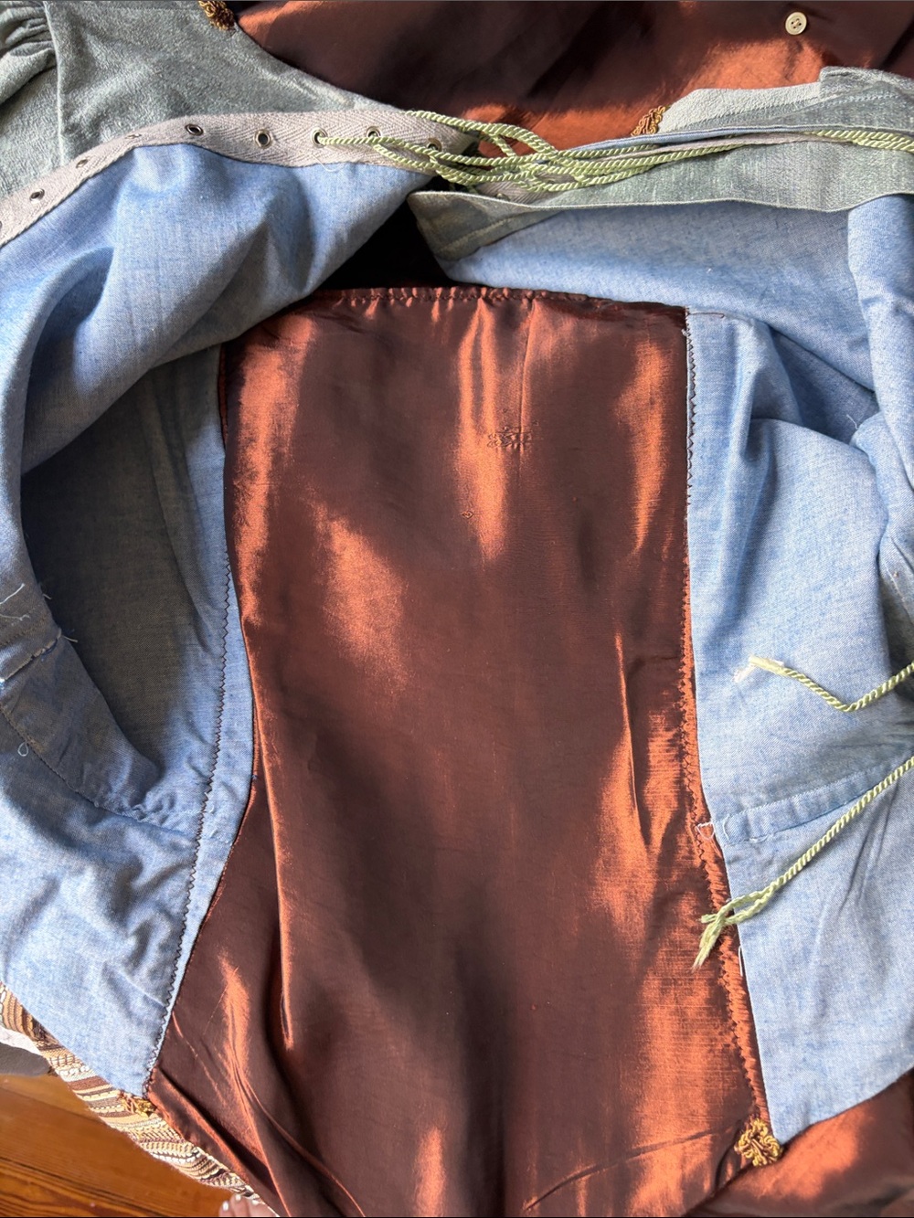 Period colonial costume dress in ice blue and brown - Picture 11 of 12